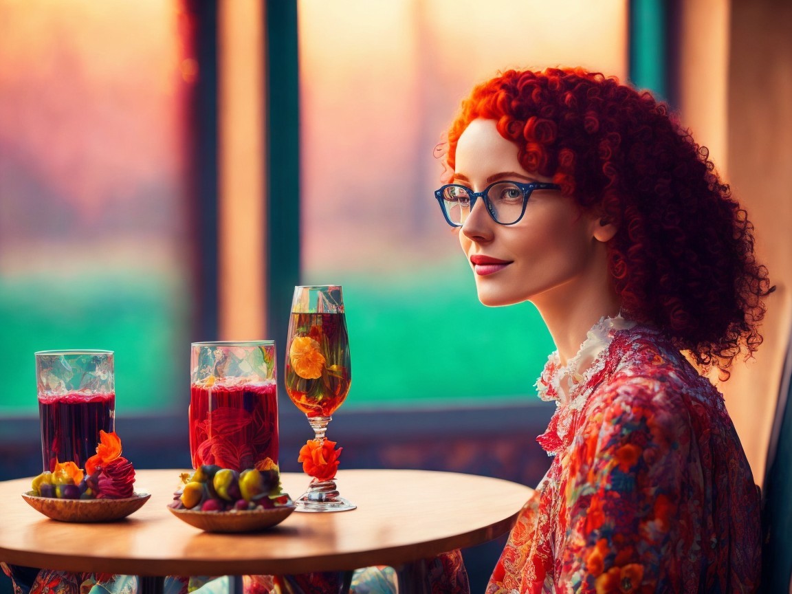 Woman with Red Hair at Table with Colorful Drinks