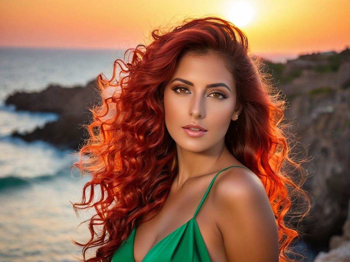 Woman with Red Curls at Sunset by the Sea