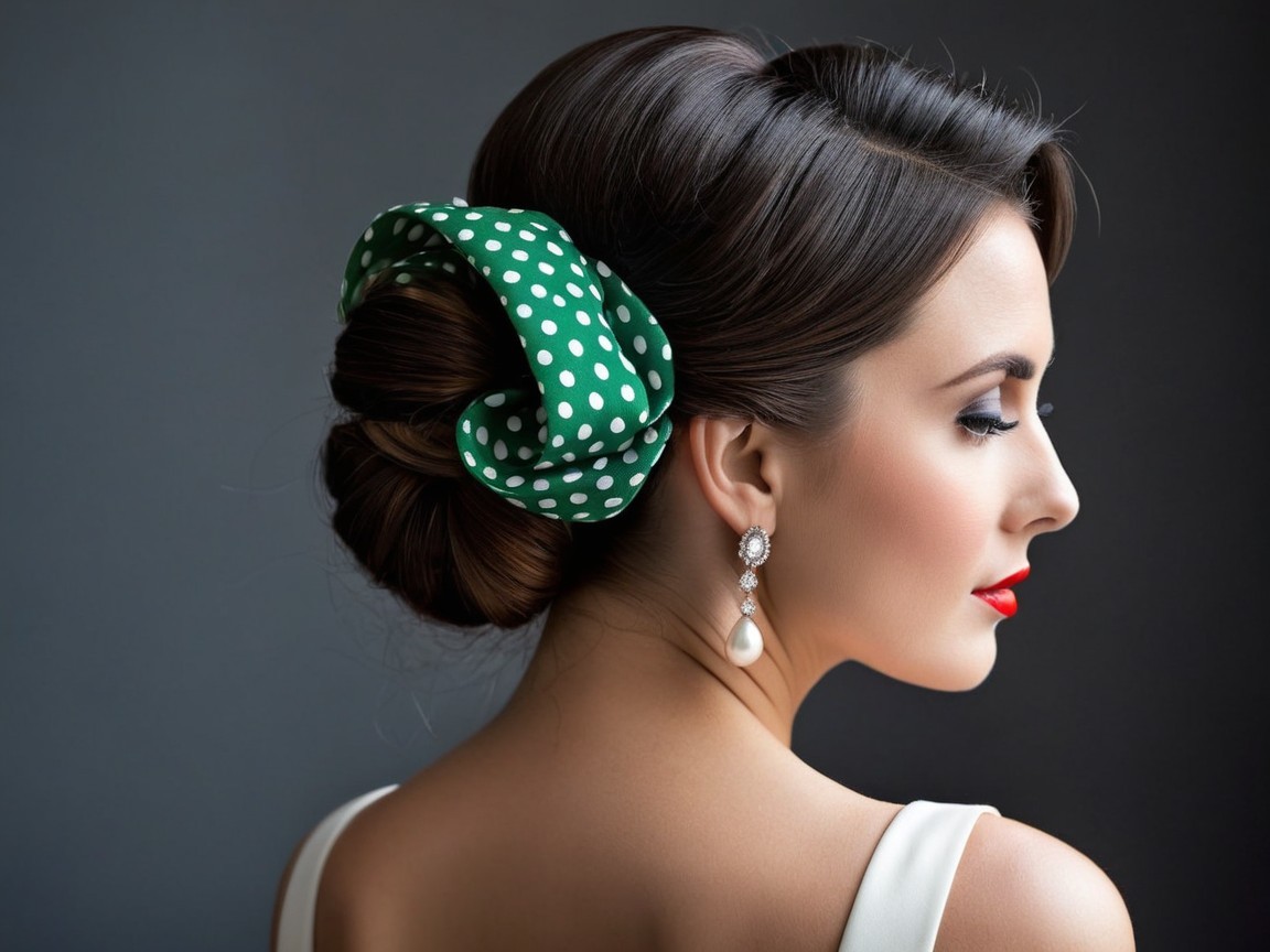 Elegant Woman with Chic Bun and Polka Dot Scarf