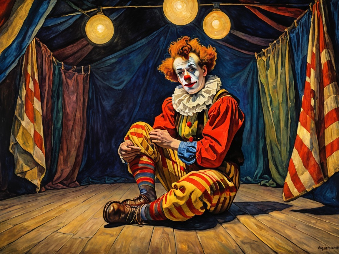Colorful Clown on Wooden Stage with Vibrant Curtains