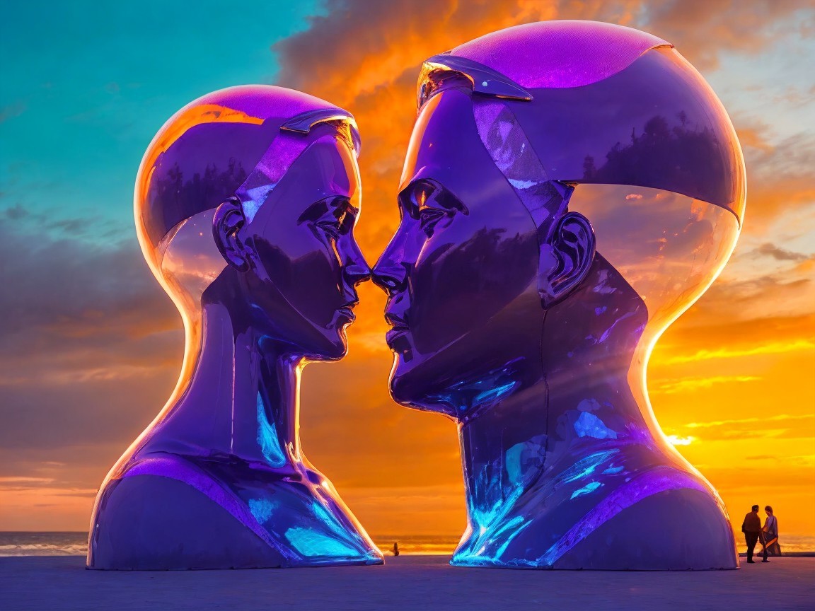 Humanoid sculptures under a vivid sunset sky