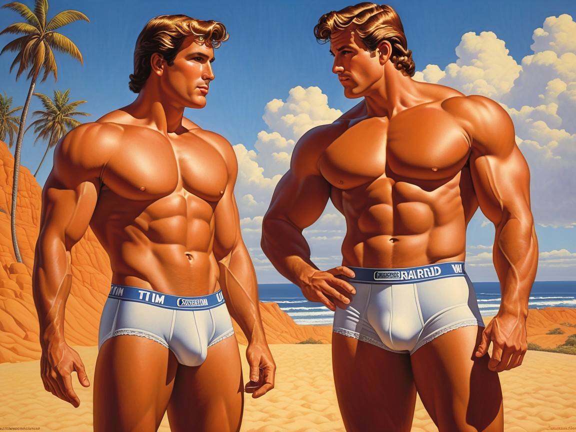 Muscular Male Figures on Sandy Beach with Palm Trees