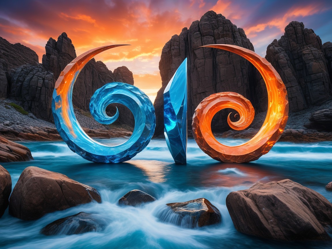Spiral Sculptures Amidst Scenic Sunset Landscape