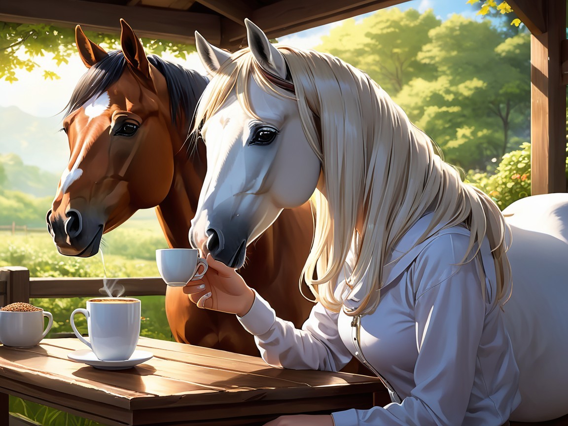Whimsical Scene of Woman and Horses in Nature