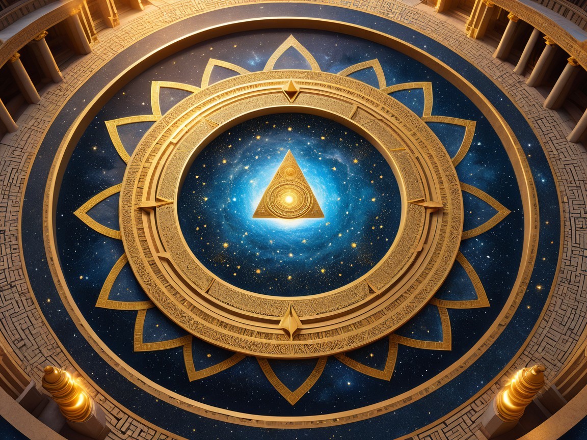 Circular Ceiling Design with Golden Patterns and Galaxy