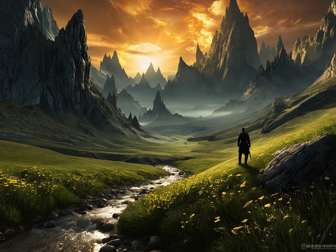 Solitary Figure in a Vibrant Mountain Valley at Sunset