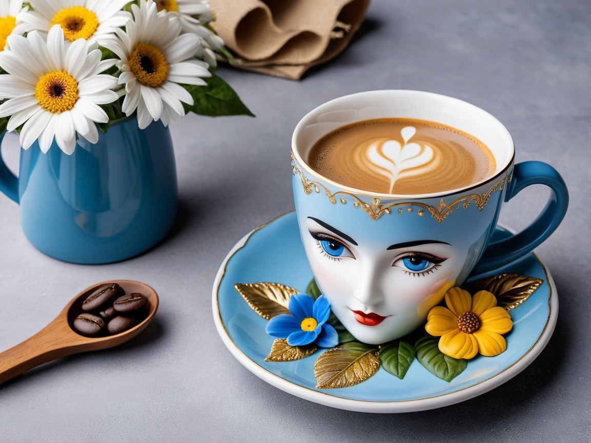 Whimsical Coffee Cup with Heart Latte Art and Flowers