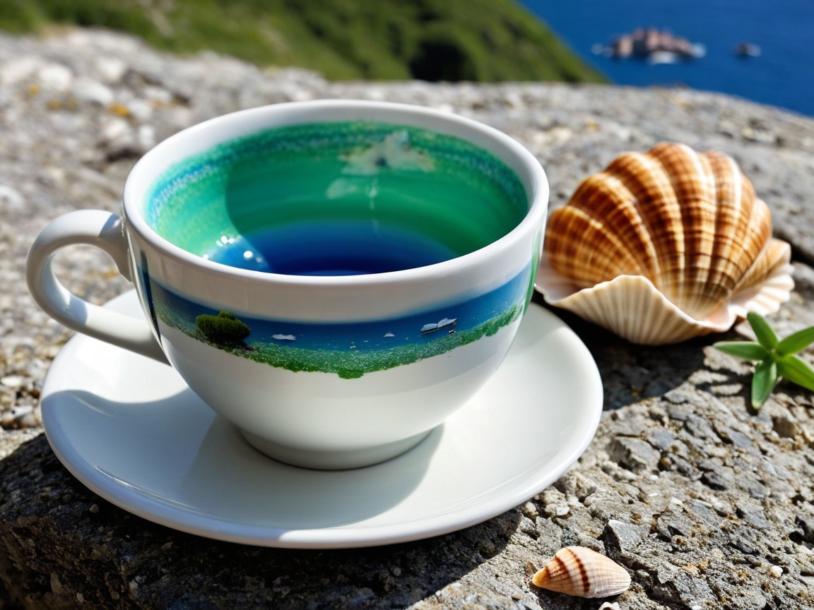 Ceramic Cup with Seaside Landscape and Shells