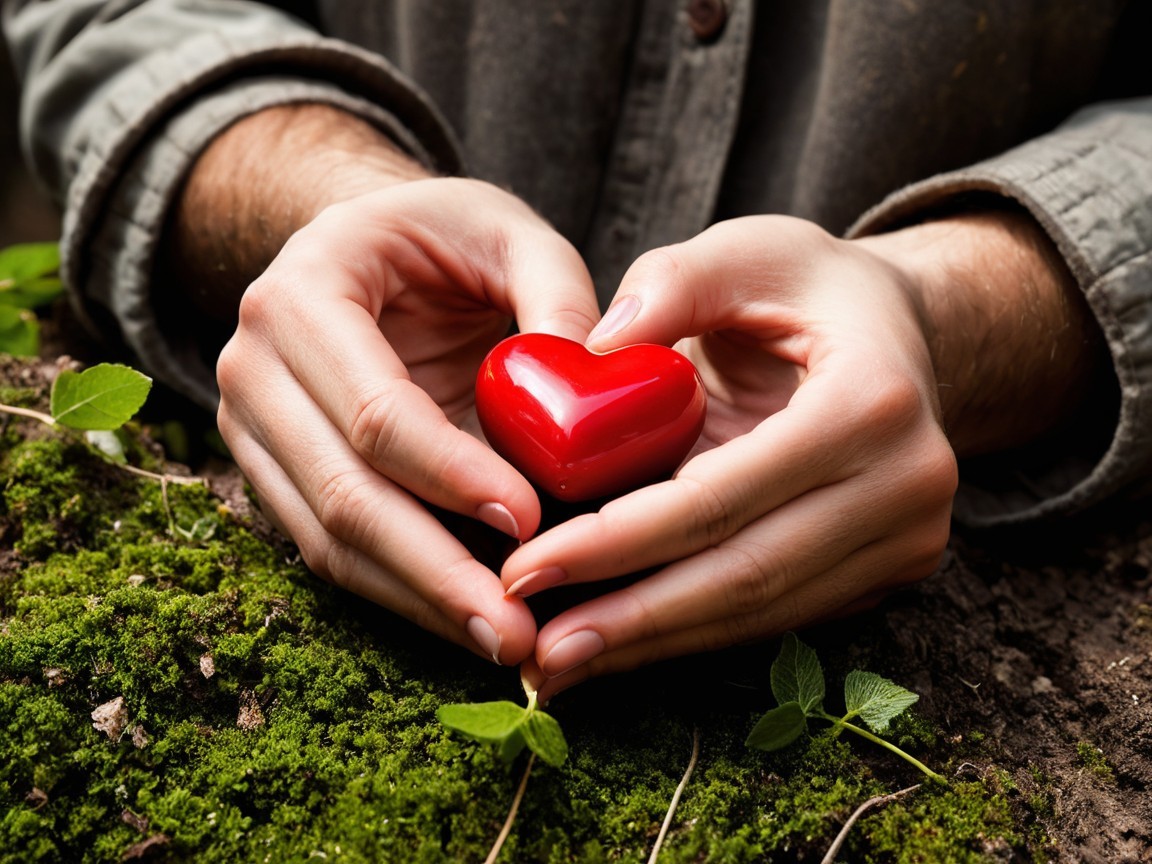 Hands Cradling a Red Heart on Green Moss Background
