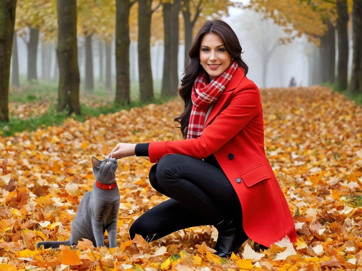 Woman in red coat with gray cat among autumn leaves
