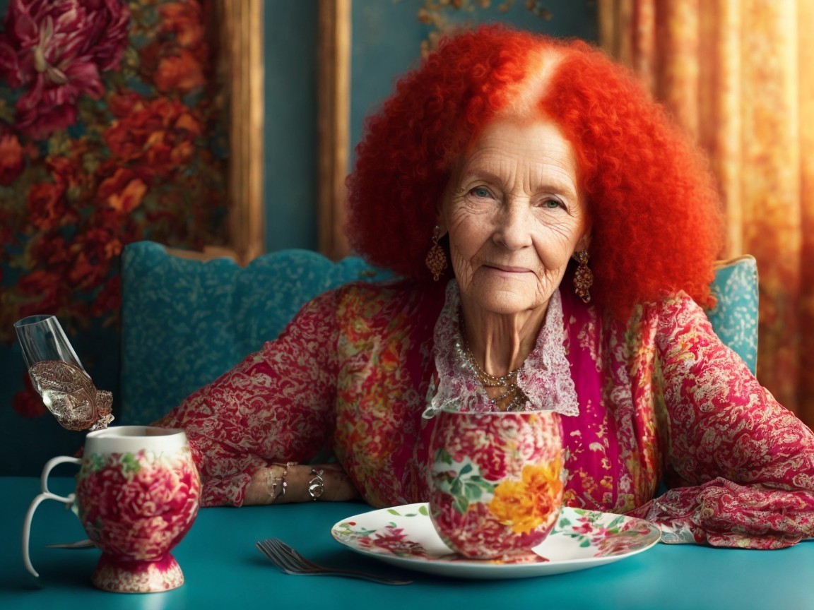 Grandmotherly Figure at a Vintage Decorated Table