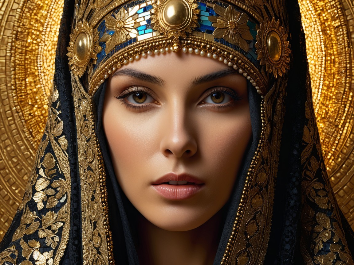 Woman in ornate headdress with golden patterns