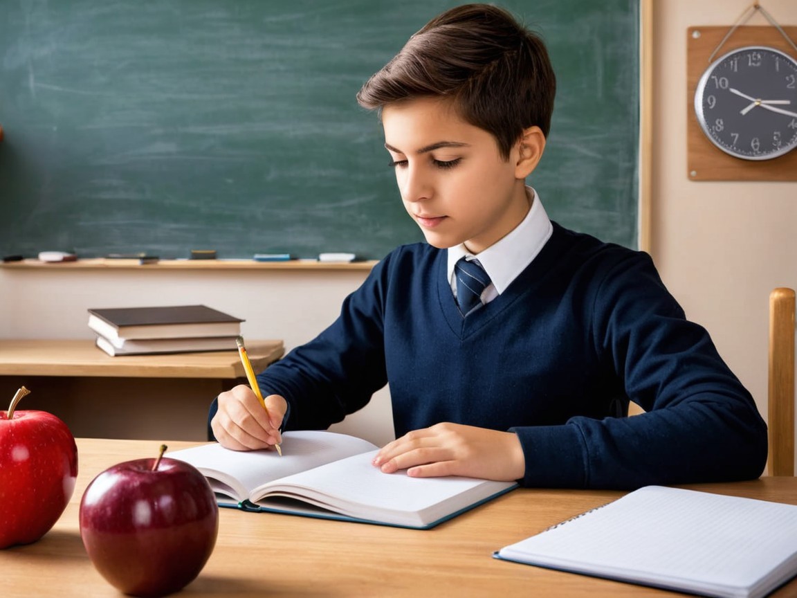 Young boy writing at a wooden desk in classroom