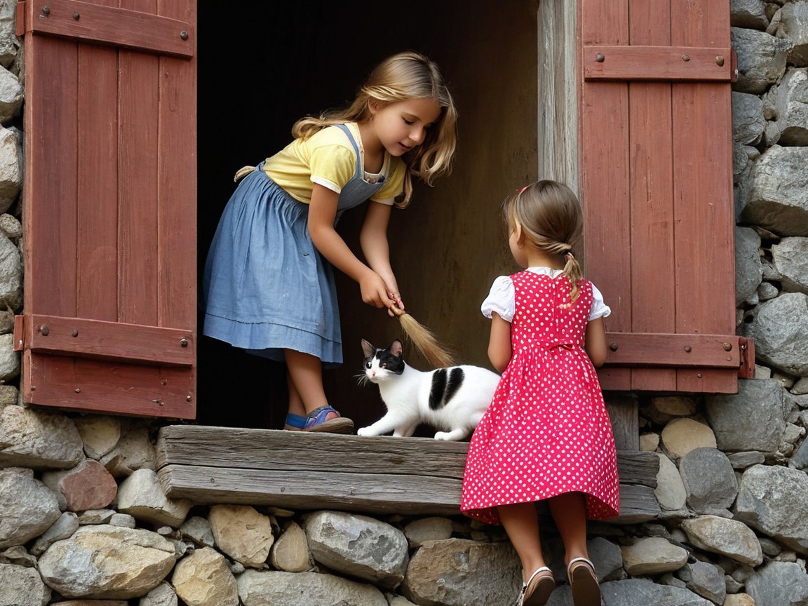 Young girls playing by a stone wall with a cat