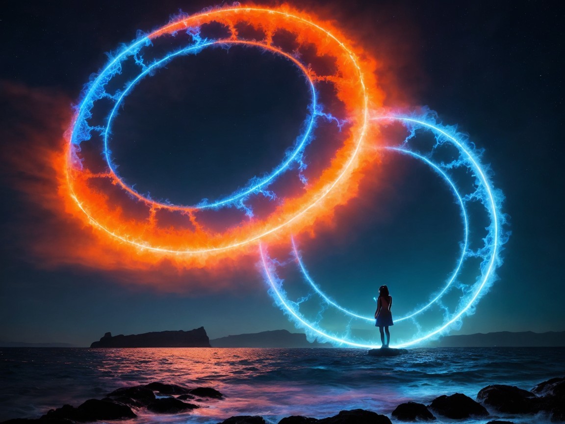 Lone Figure on Shore Beneath Glowing Energy Rings