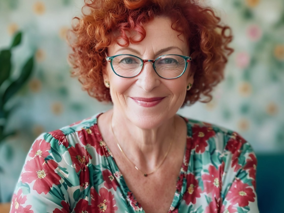 Cheerful Woman with Curly Red Hair and Floral Blouse