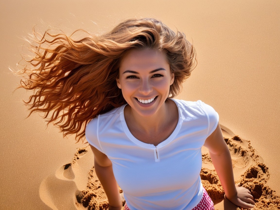 Joyful Young Woman on Sandy Beach with Sunlight