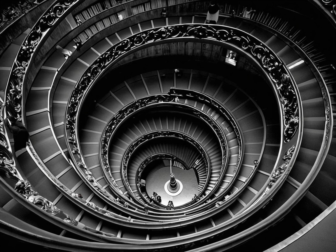 Black-and-white image of a grand spiraling staircase