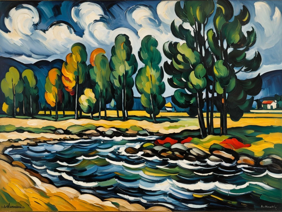 Vibrant Natural Scene with River and Lush Greenery