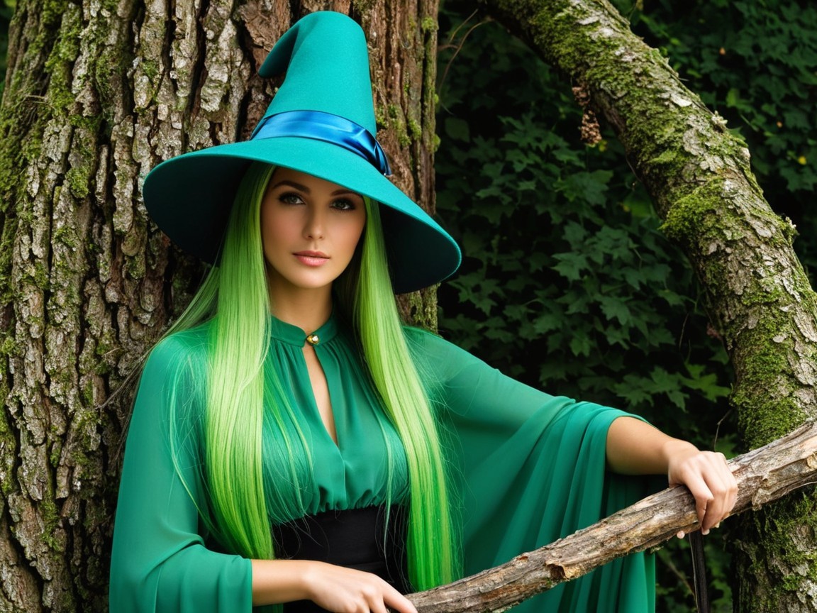 Enchanting Woman in Green with Witch Hat and Cape