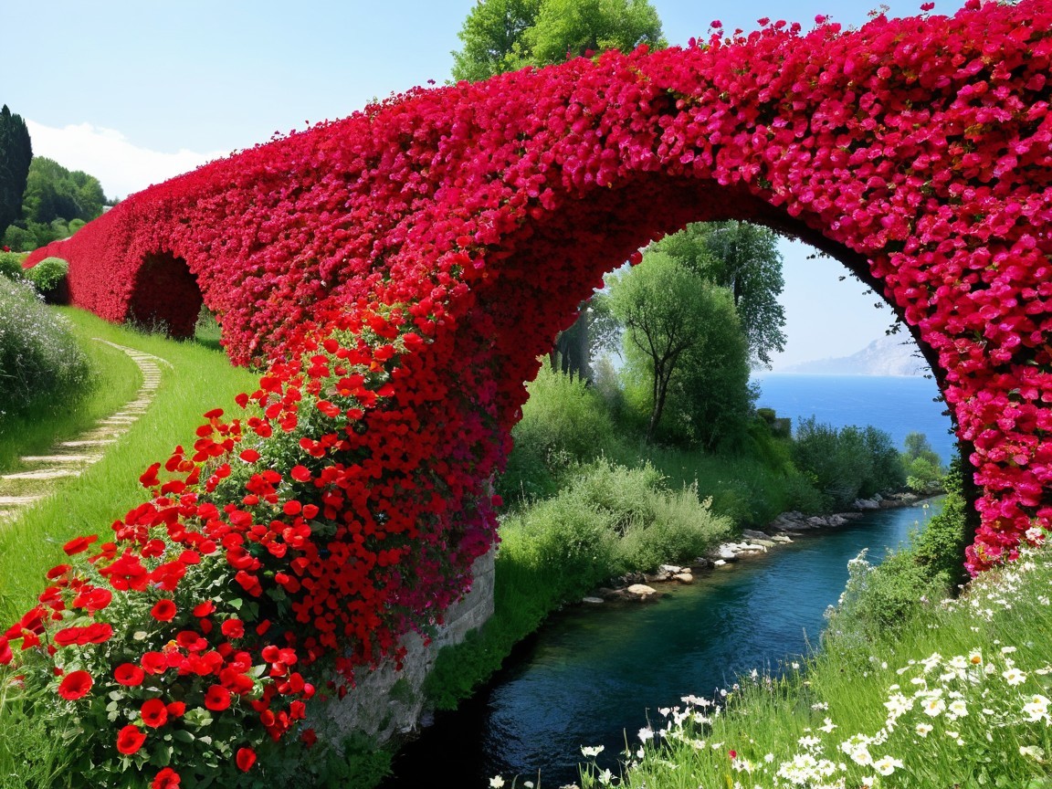 Floral Bridge Over Serene Waterway with Lush Greenery