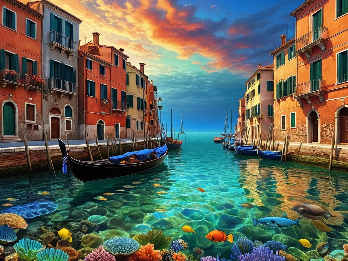 Vibrant Canal Scene with Colorful Buildings and Sunset