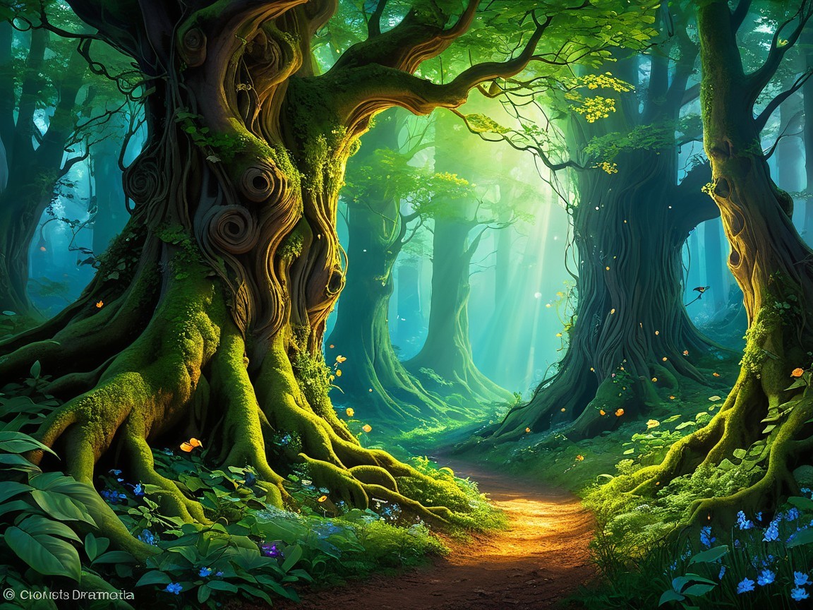 Mystical Forest with Ancient Trees and Vibrant Flora