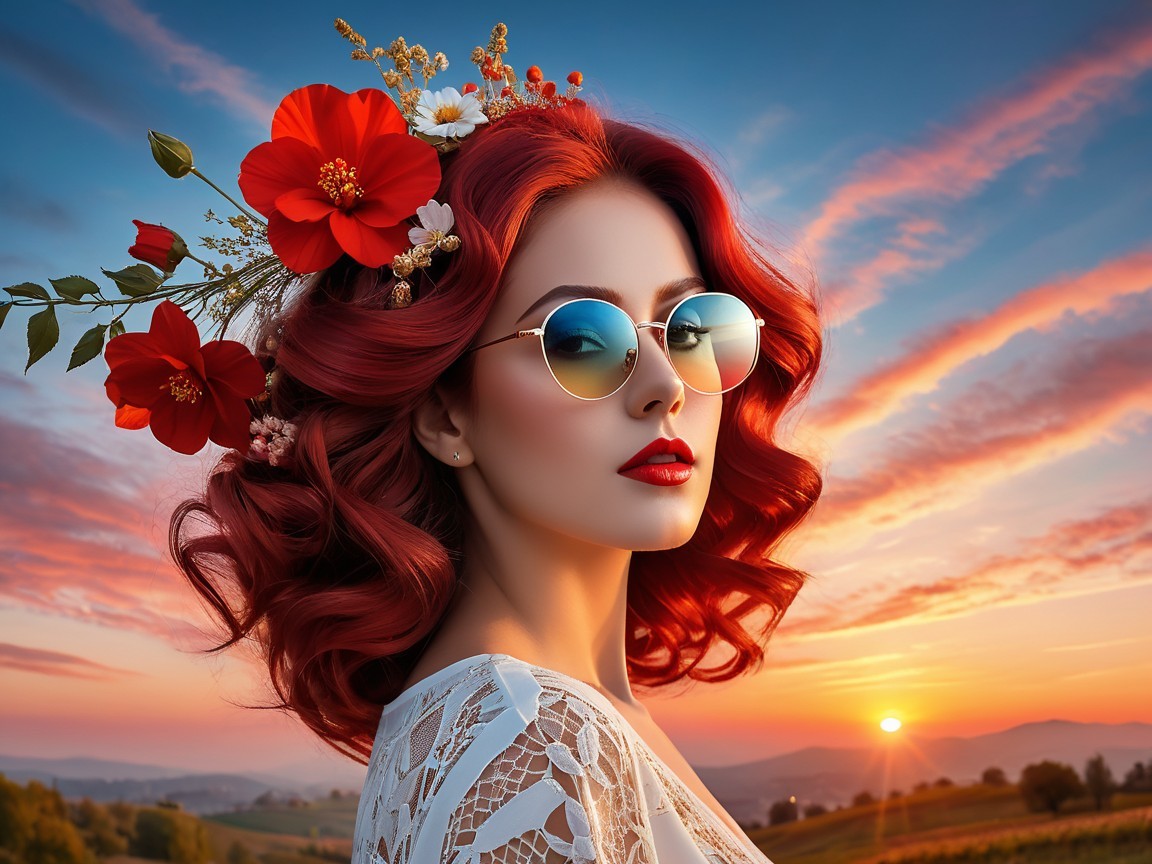 Vibrant Woman with Red Hair Against Sunset Background