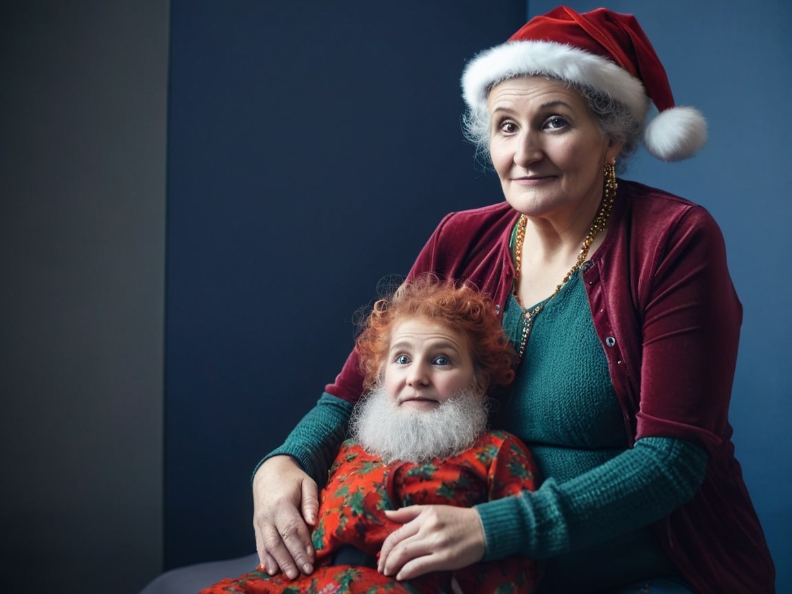 Holiday Scene of Grandmother with Child in Festive Attire