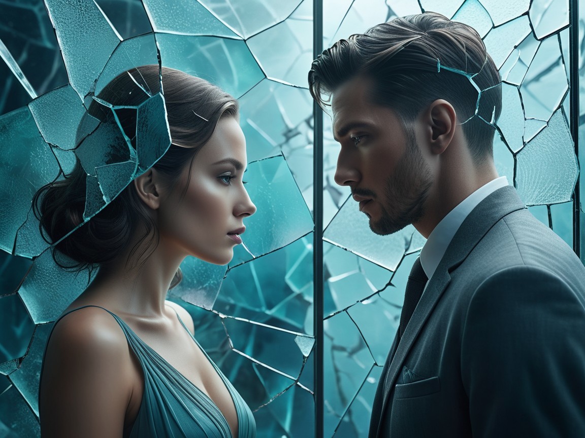 Woman and man framed by shattered glass in teal gown
