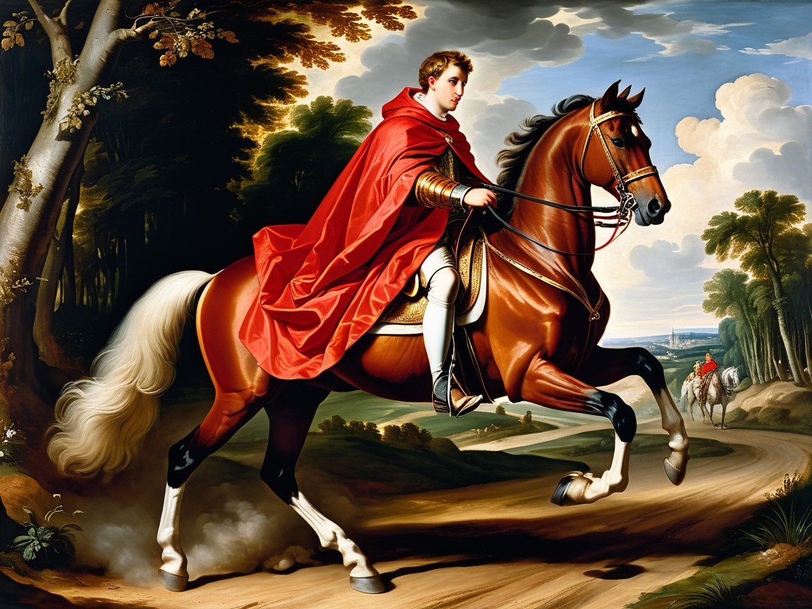 Rider in Red Cloak on Brown Horse in Lush Landscape