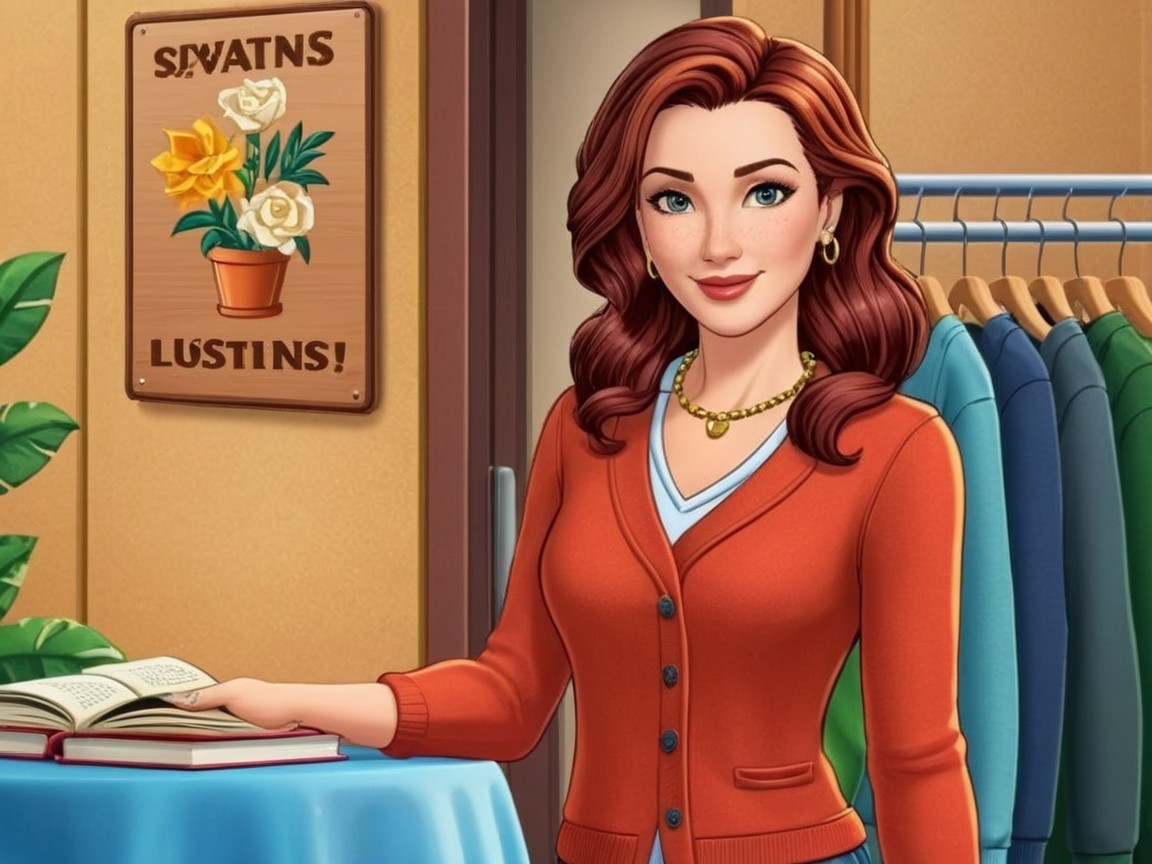 Woman with auburn hair beside a table and book