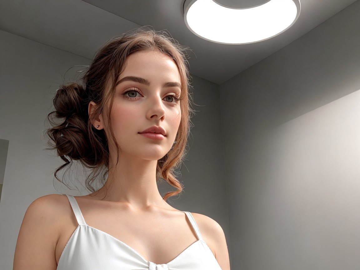 Young woman in softly lit space with modern decor