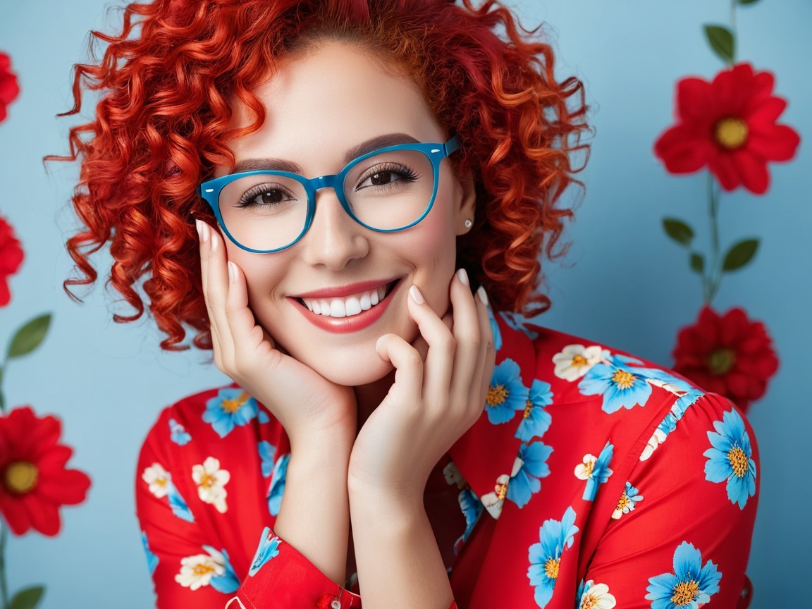 Young Woman with Curly Red Hair in Floral Shirt