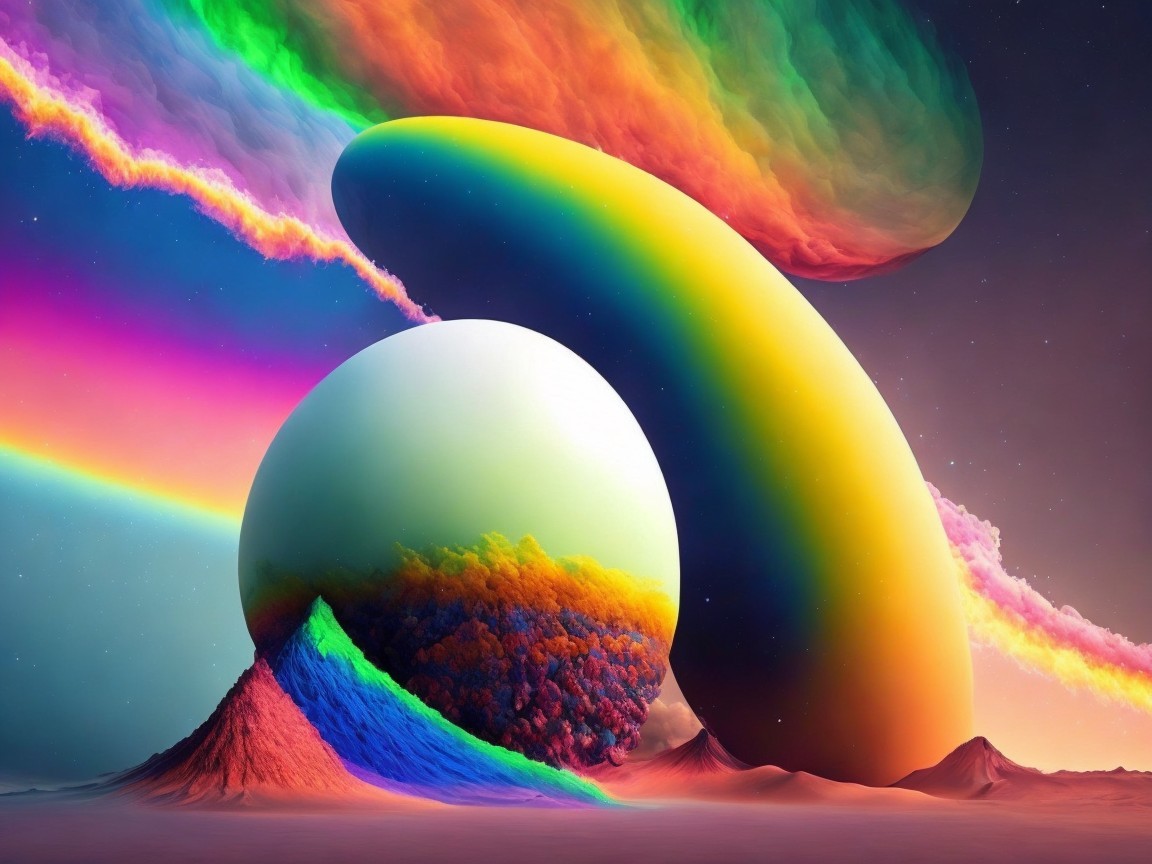 Vibrant Cosmic Scene with Abstract Shapes and Colors