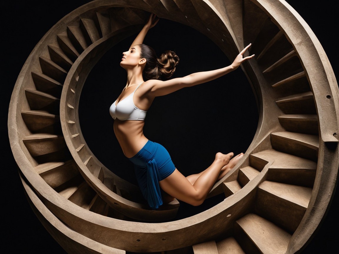 Graceful figure in spiral structure with dramatic lighting