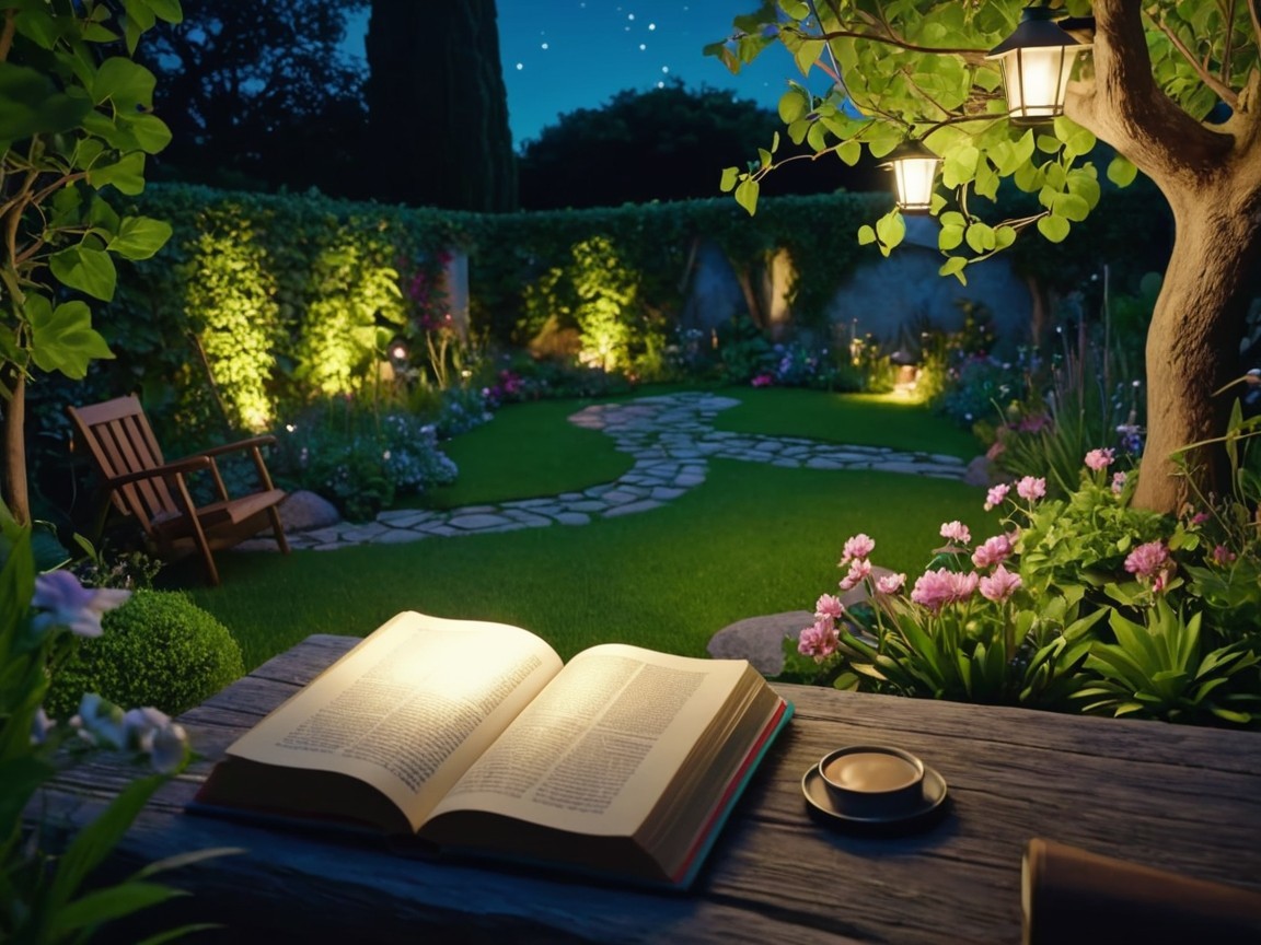Tranquil Night Garden with Lanterns and Flowers
