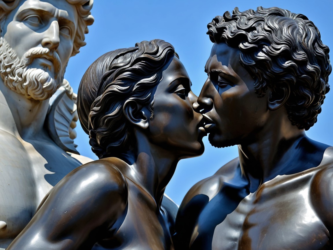 Bronze Sculpture of Two Figures in an Intimate Kiss