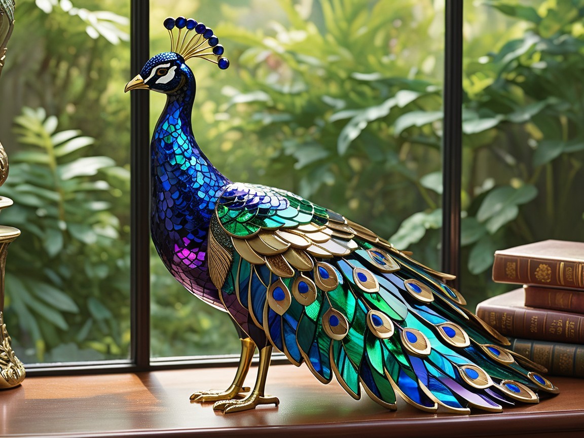 Vibrant Peacock Figurine on Wooden Shelf with Greenery