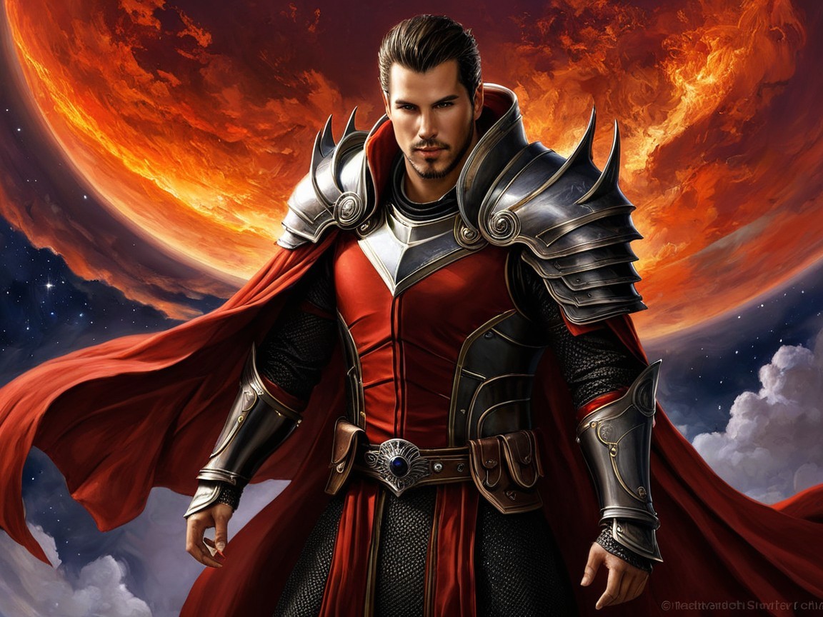 Heroic figure in detailed armor with crimson cape