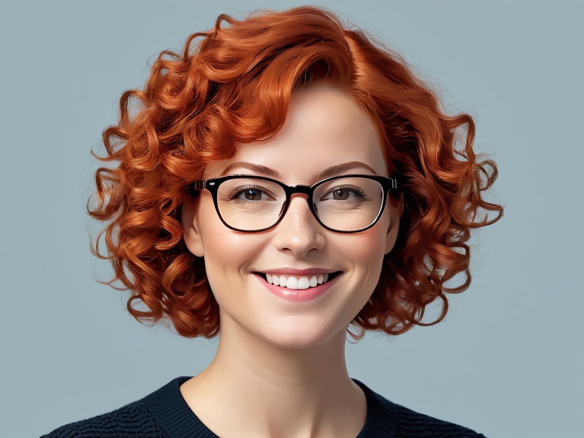 Cheerful woman with red curly hair and glasses