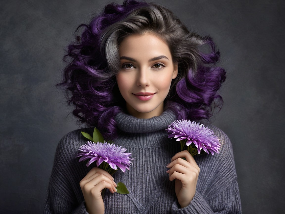 Woman with Gray and Purple Hair Holding Purple Chrysanthemums