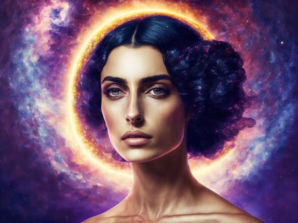 Portrait of a Woman with Cosmic Background and Elegance