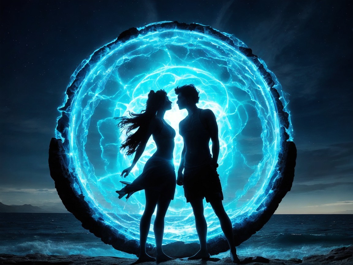 Silhouette of Couple by Glowing Blue Portal at Night
