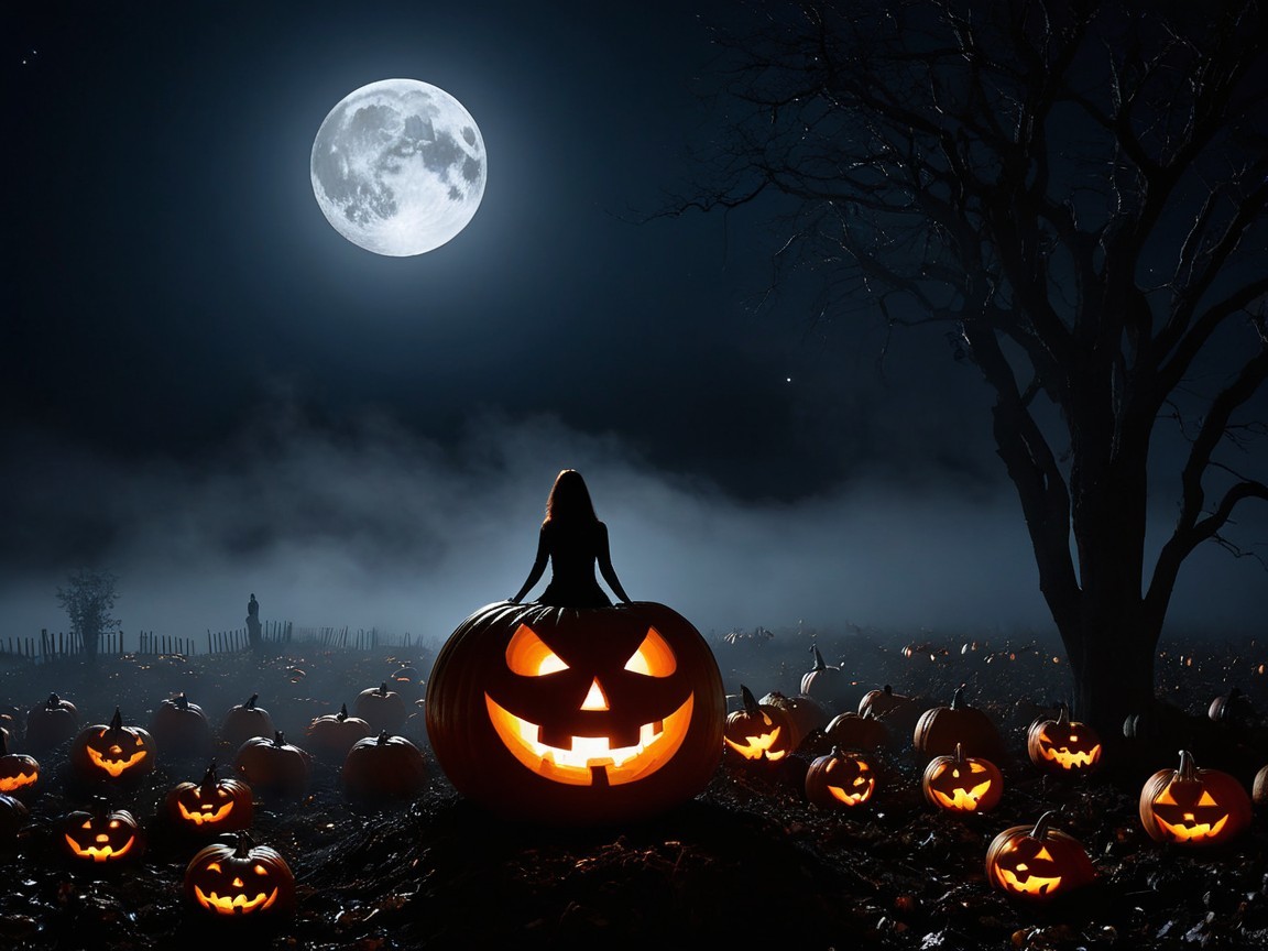 Moonlit Scene with Girl and Grinning Jack-o'-Lantern
