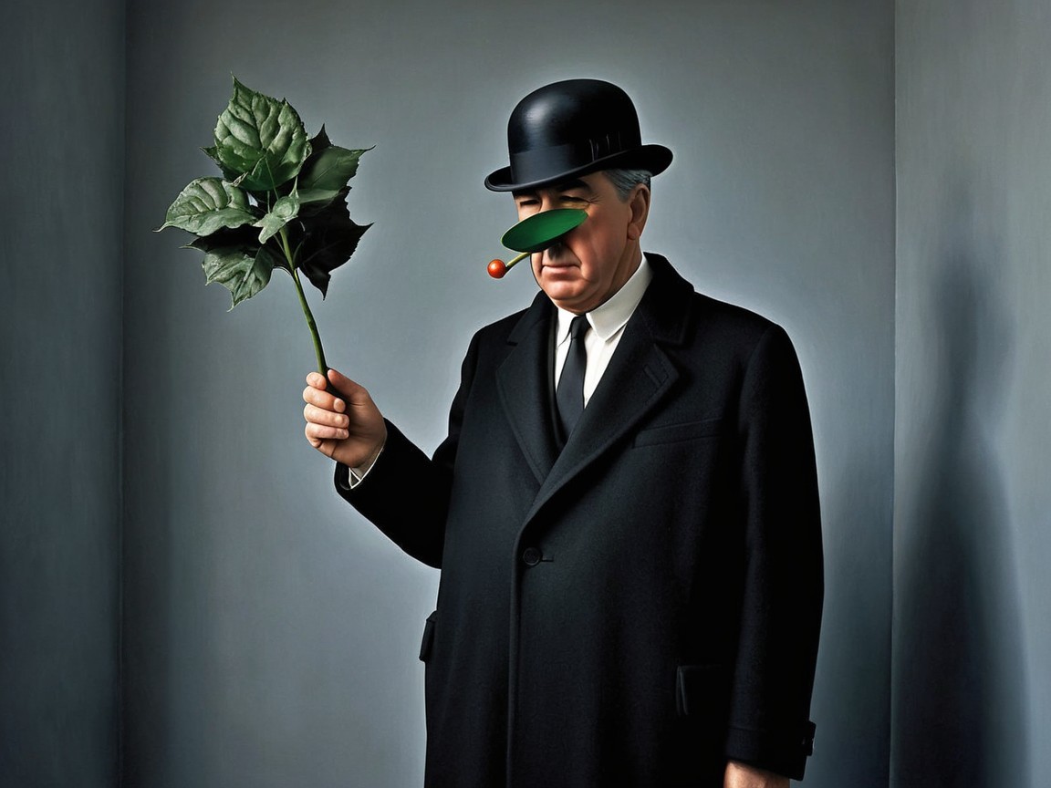 Man in Black Overcoat with Leaf and Fruit in Gray Setting
