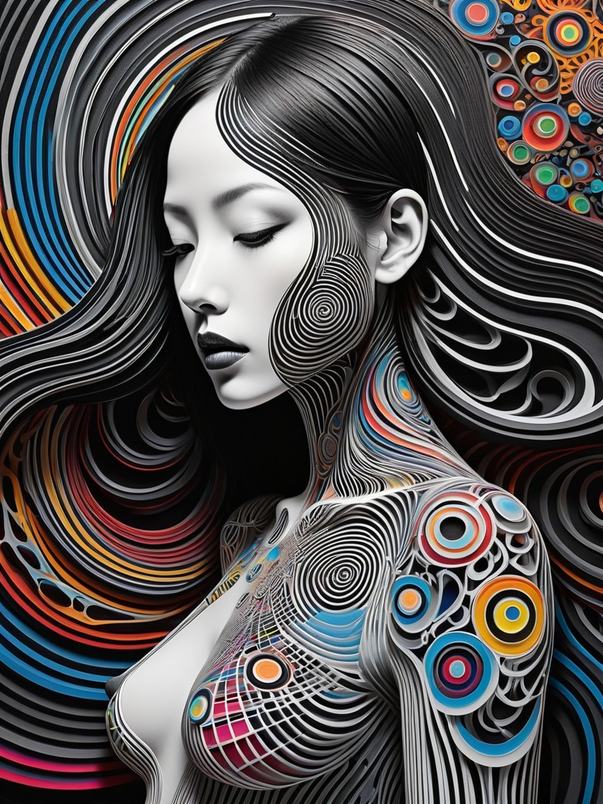 Portrait of a Woman with Colorful Patterns and Hair