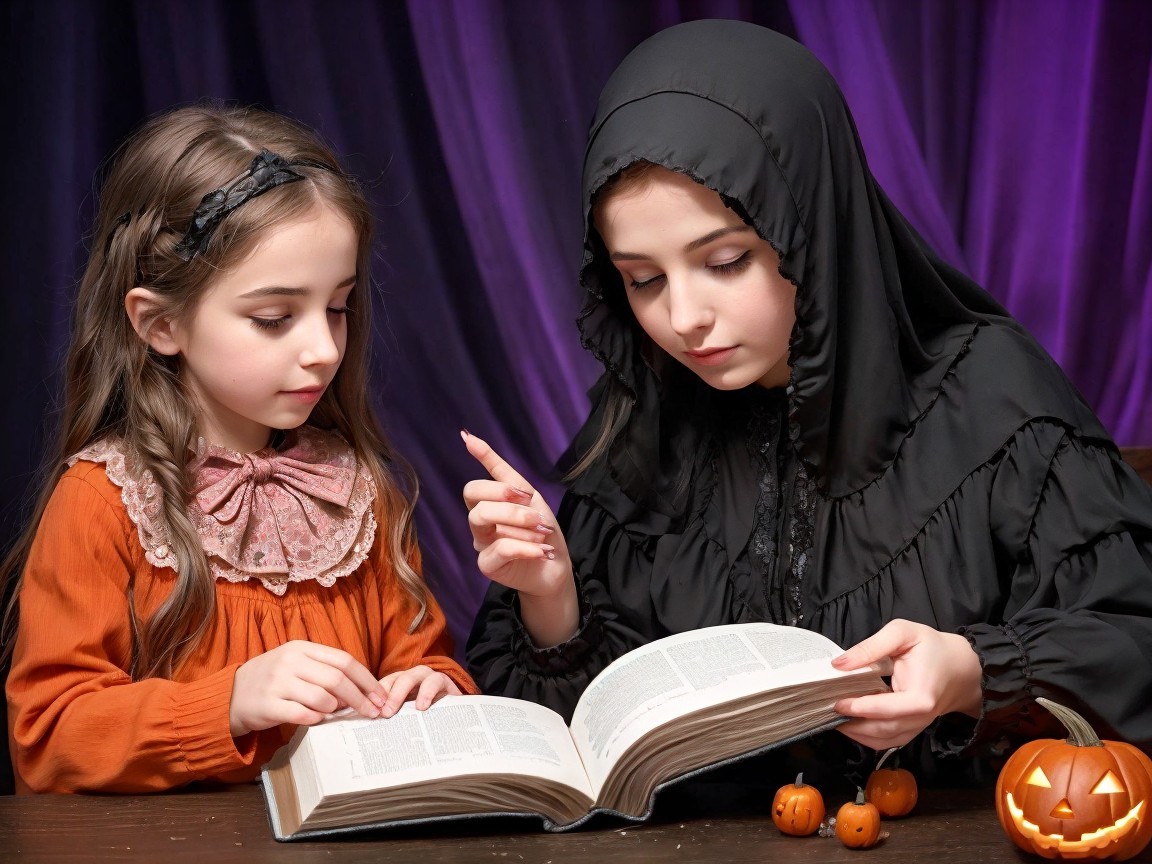 Two girls reading together with a festive backdrop