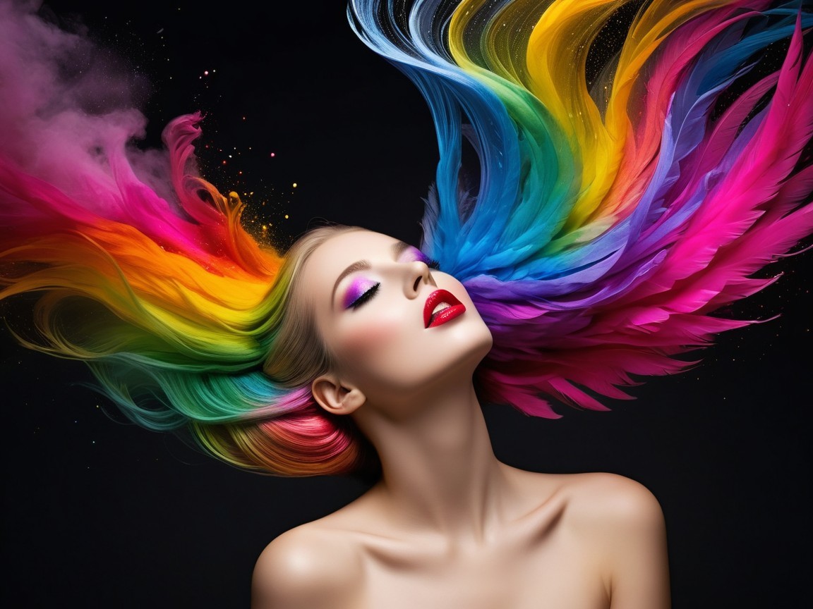 Portrait of a woman with vibrant rainbow hair and makeup