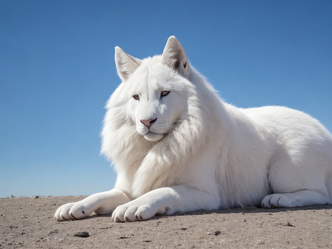 Majestic White Dog Relaxing on Sandy Surface